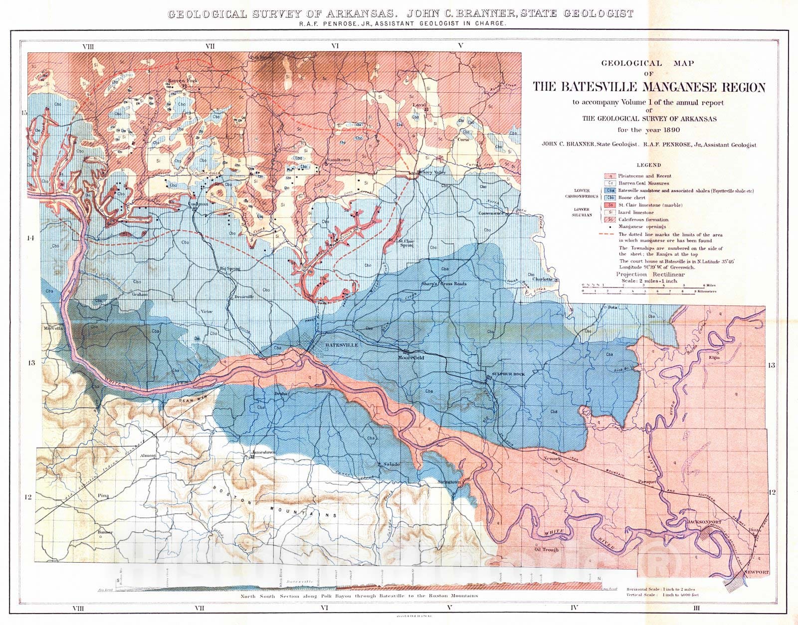 Historic Map : 1890 Geological Map of the Batesville Manganese Region : Vintage Wall Art