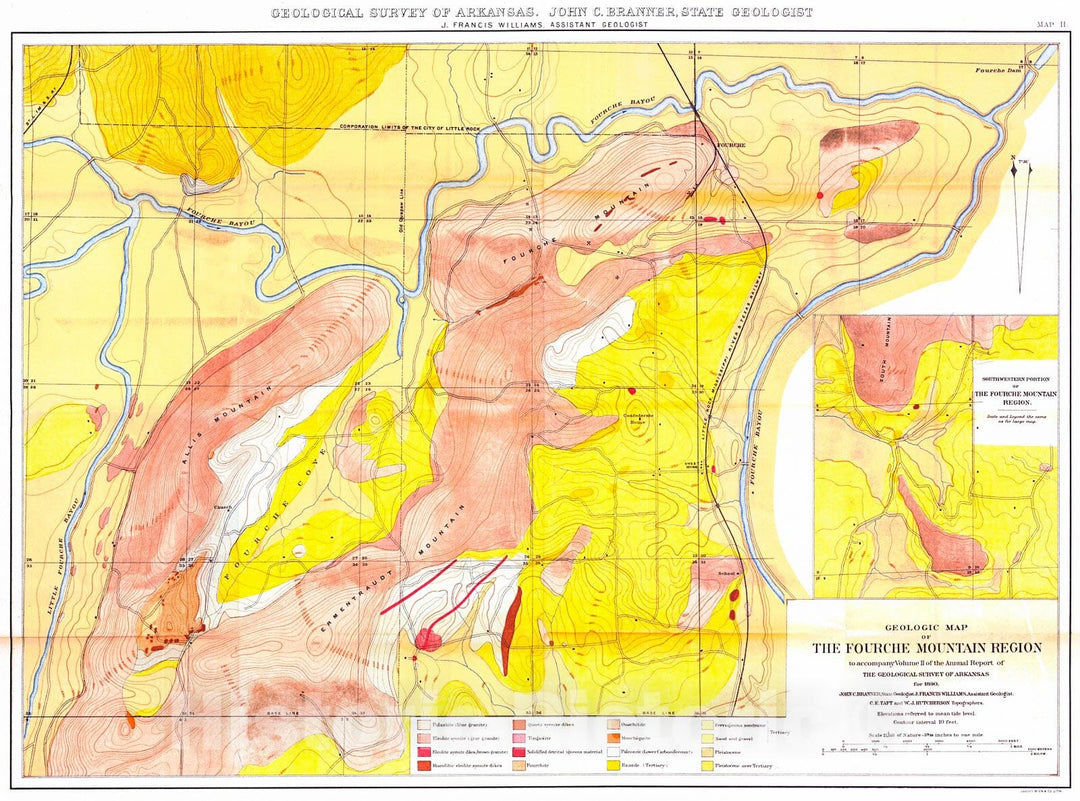 Historic Map : 1890 Geological Map of the Fourche Mountain Region : Vintage Wall Art