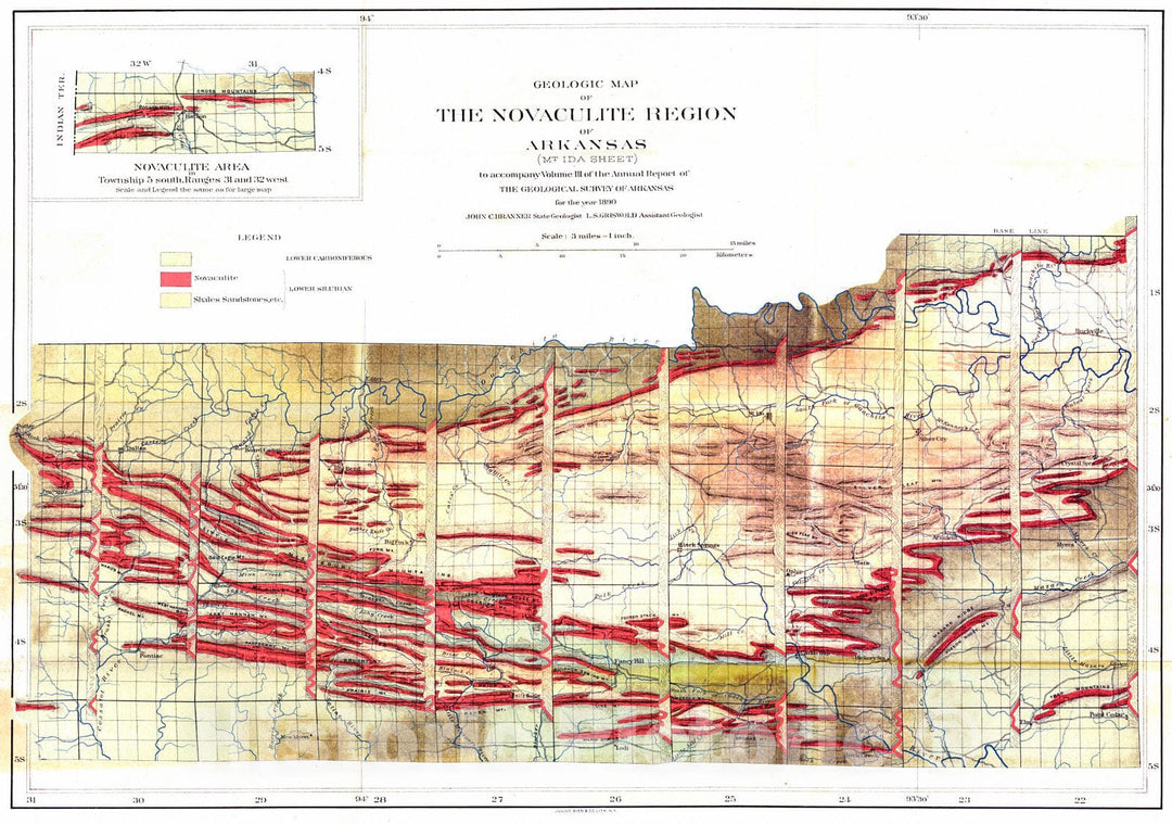 Historic Map : 1890 Geological Map of The Novaculite Region of Arkansas - Mt. Ida Sheet : Vintage Wall Art