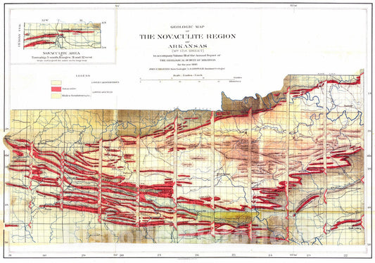 Historic Map : 1890 Geological Map of The Novaculite Region of Arkansas - Mt. Ida Sheet : Vintage Wall Art