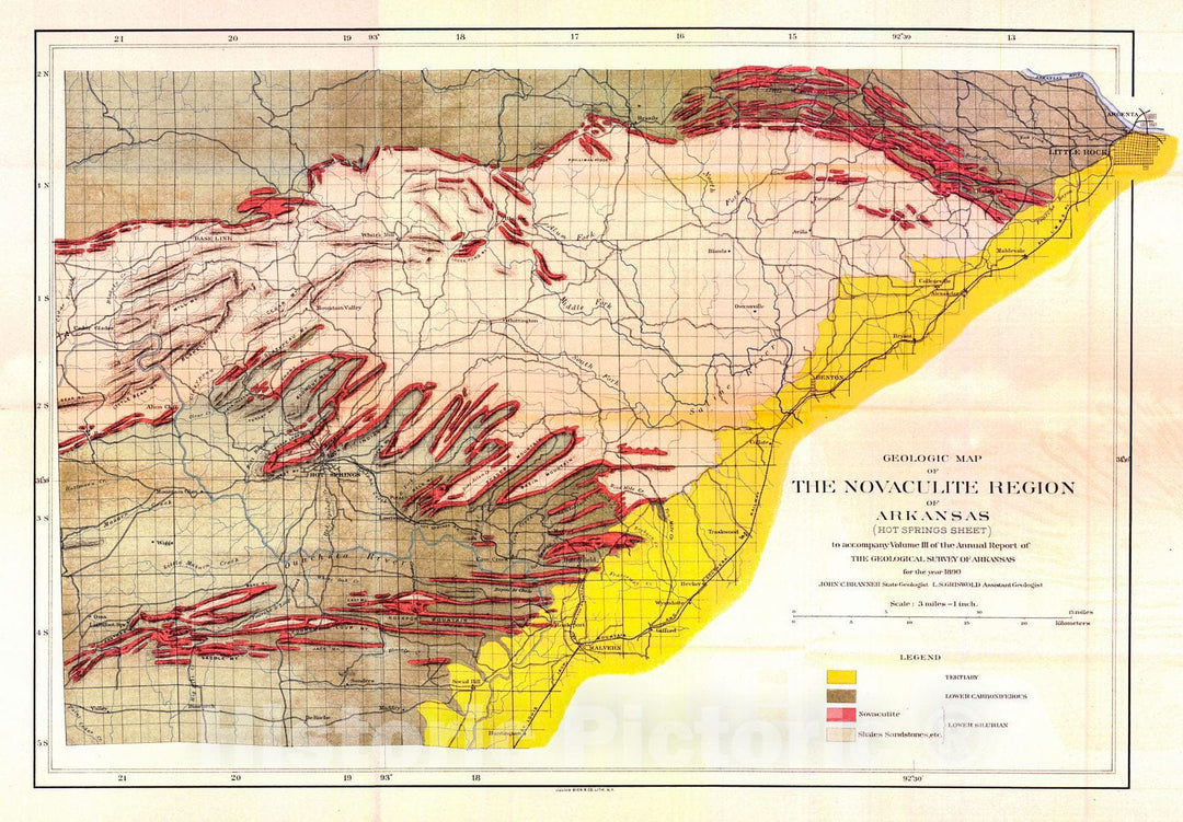 Historic Map : 1890 Geological Map of The Novaculite Region of Arkansas - Hot Springs Sheet : Vintage Wall Art