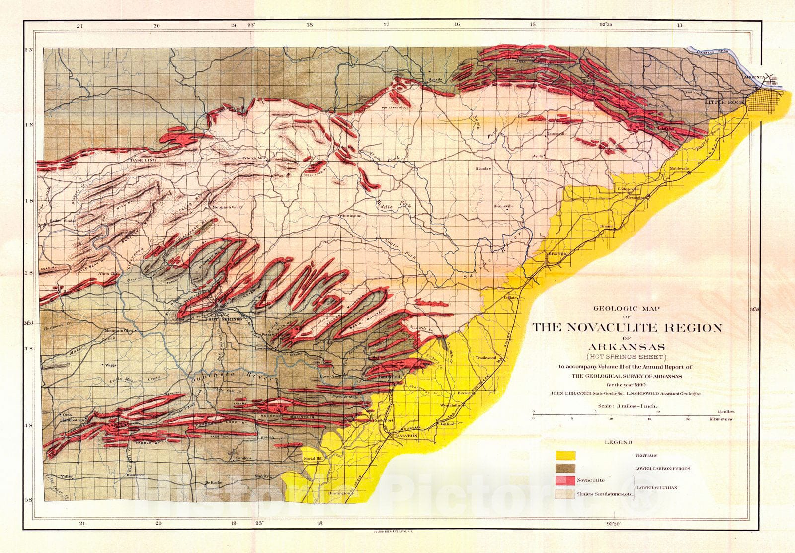 Historic Map : 1890 Geological Map of The Novaculite Region of Arkansas - Hot Springs Sheet : Vintage Wall Art