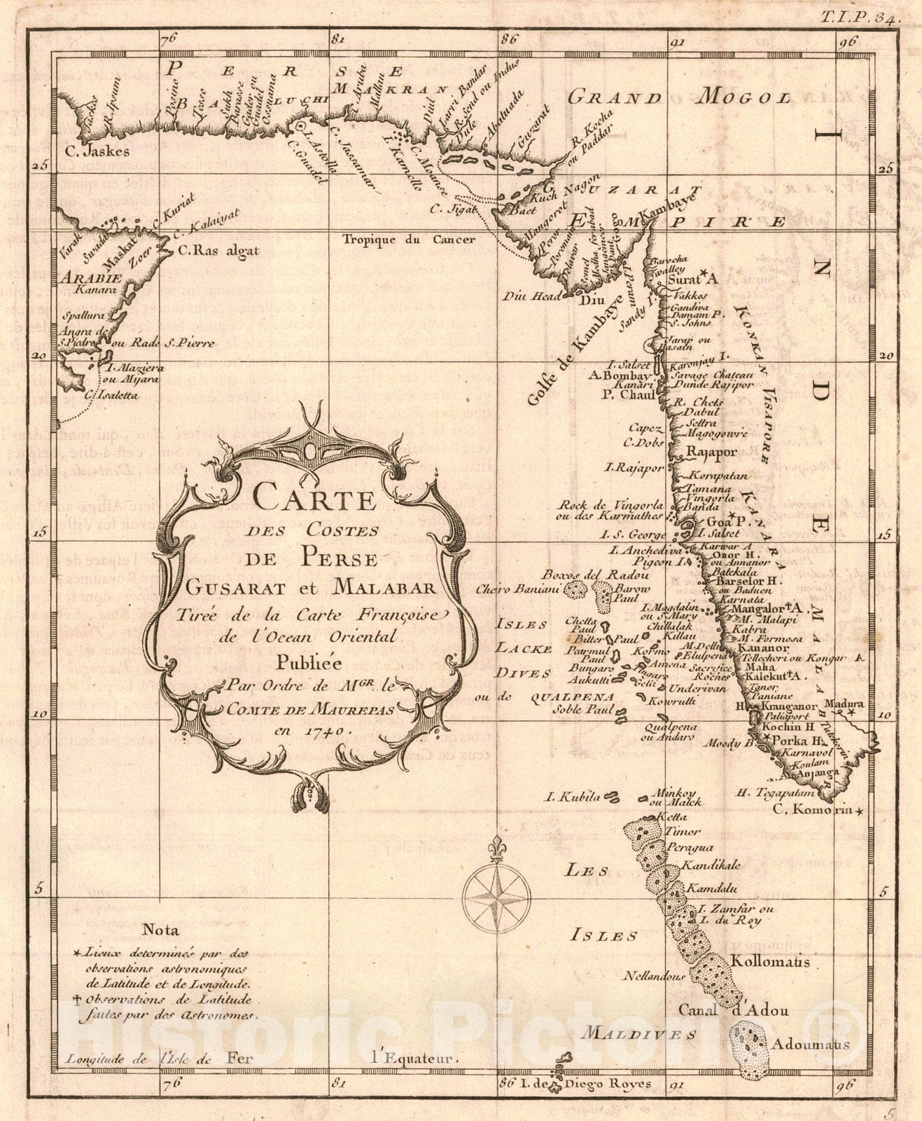 Historic Map : 1740 Carte des costes de Perse, Gusarat et Malabar : Vintage Wall Art