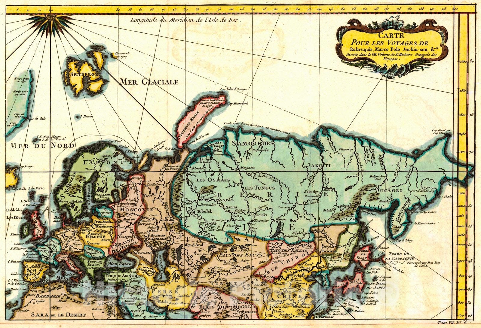 Historic Map : 1759 Carte Pour les Voyages de Rubruquis, Marco Polo, Jenkinson, etc. : Vintage Wall Art