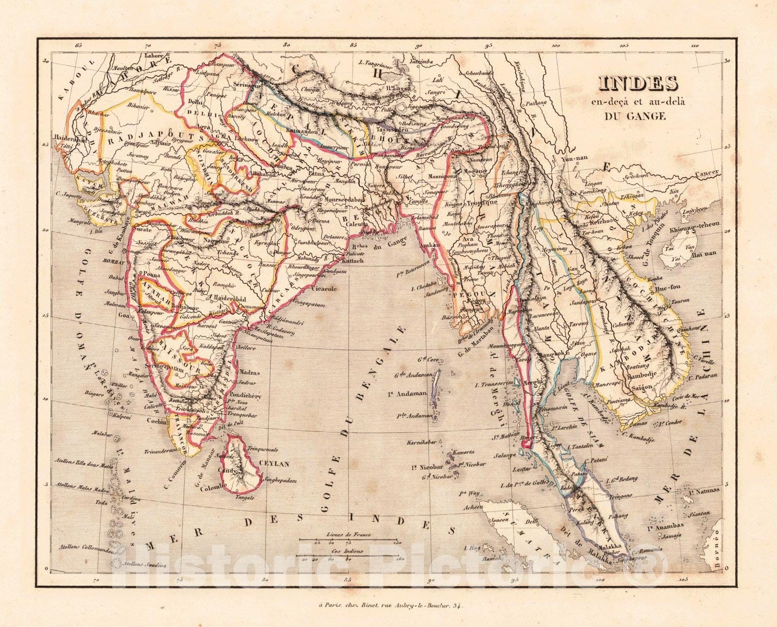 Historic Map : 1836 Indes en-de&ccedil;&agrave; et au-del&aacute; du Gange : Vintage Wall Art