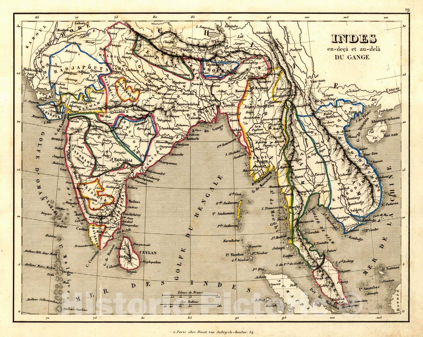 Historic Map : 1845 Indes en-deca et an-dela Du Gange : Vintage Wall Art