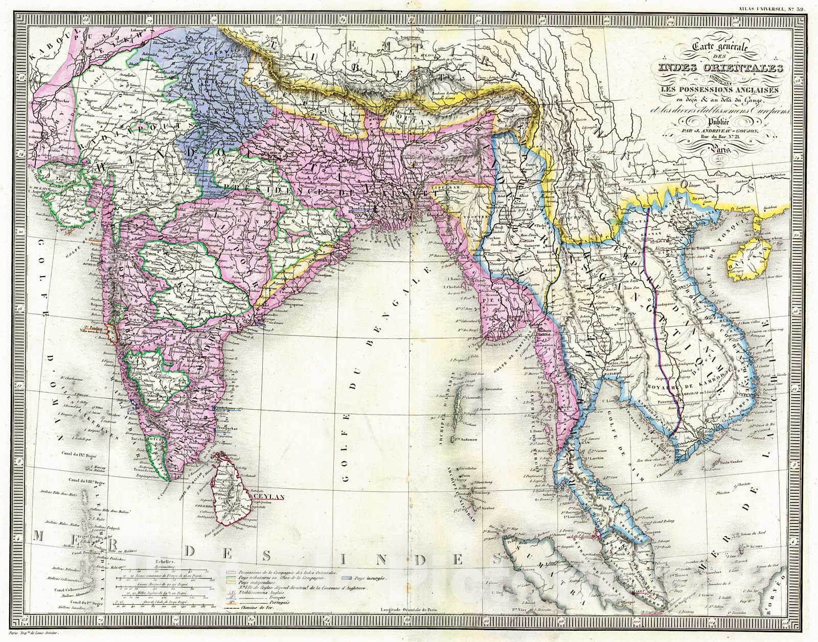 Historic Map : 1857 Carte Generale des Indes Orientales indioucant Les Possessions Angloises : Vintage Wall Art