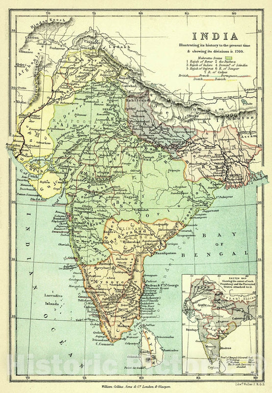 Historic Map : 1872 India Illustrating its history to the present time and showing its divisions in 1760 : Vintage Wall Art