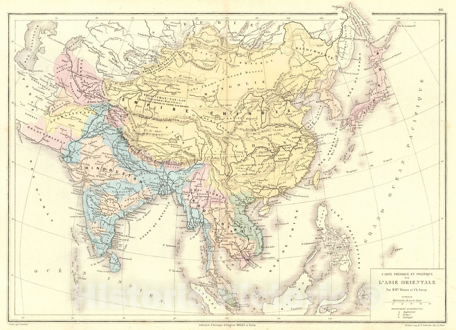 Historic Map : 1873 Carte Physique et Politique de L'Asie Orientale : Vintage Wall Art
