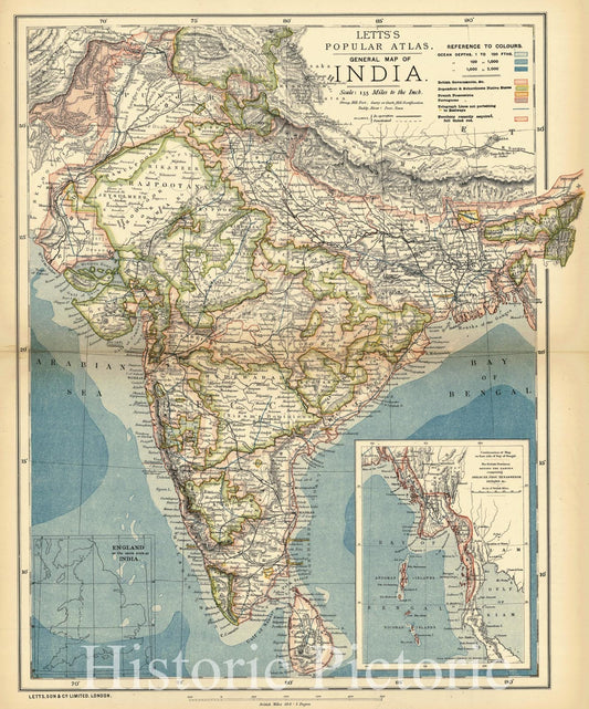 Historic Map : 1884 General Map of India : Vintage Wall Art