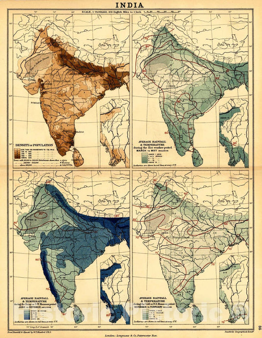 Historic Map : 1889 India - Density of Population, Average Rainfall and Precipitation : Vintage Wall Art