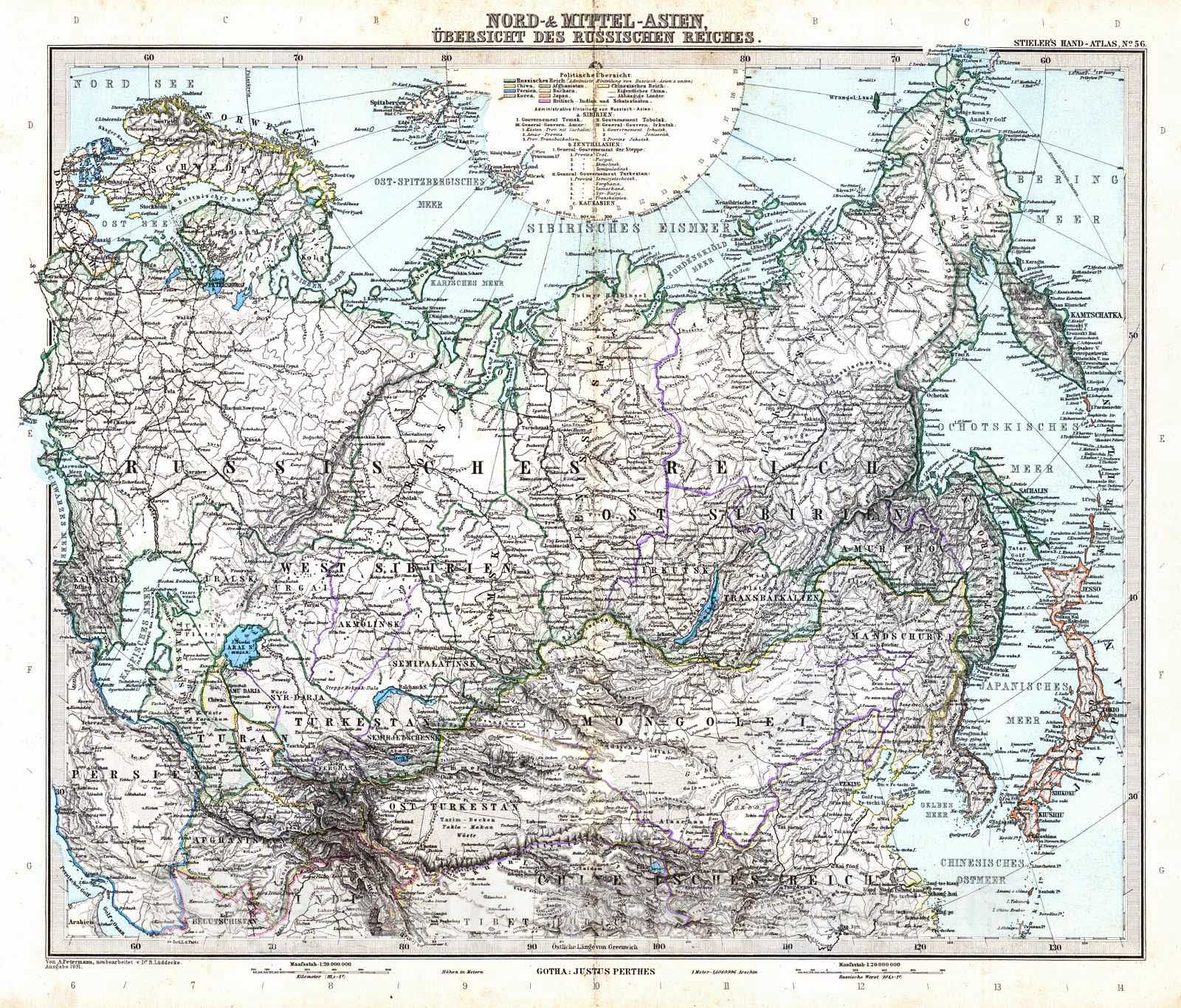 Historic Map : 1891 Nord & Mittel-Asien, Ubersicht des Russischen Reiches : Vintage Wall Art