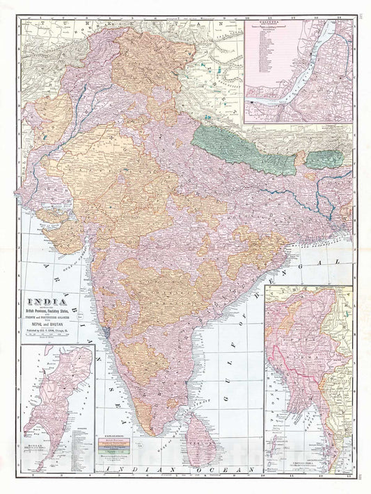 Historic Map : 1900 India Showing the British Provinces, Feudatiry States, and French and Portuguese Colonies with Nepal and Bhutan  : Vintage Wall Art