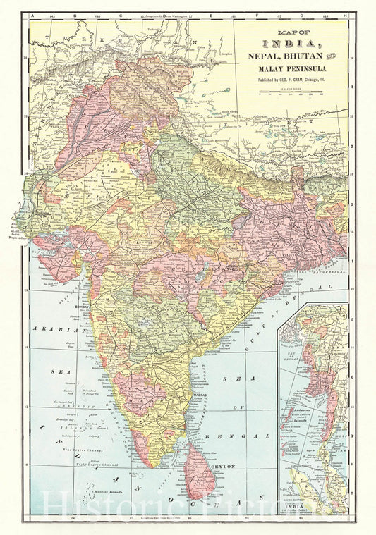 Historic Map : 1900 Map of India, Nepal, Bhutan and Malay Peninsula : Vintage Wall Art