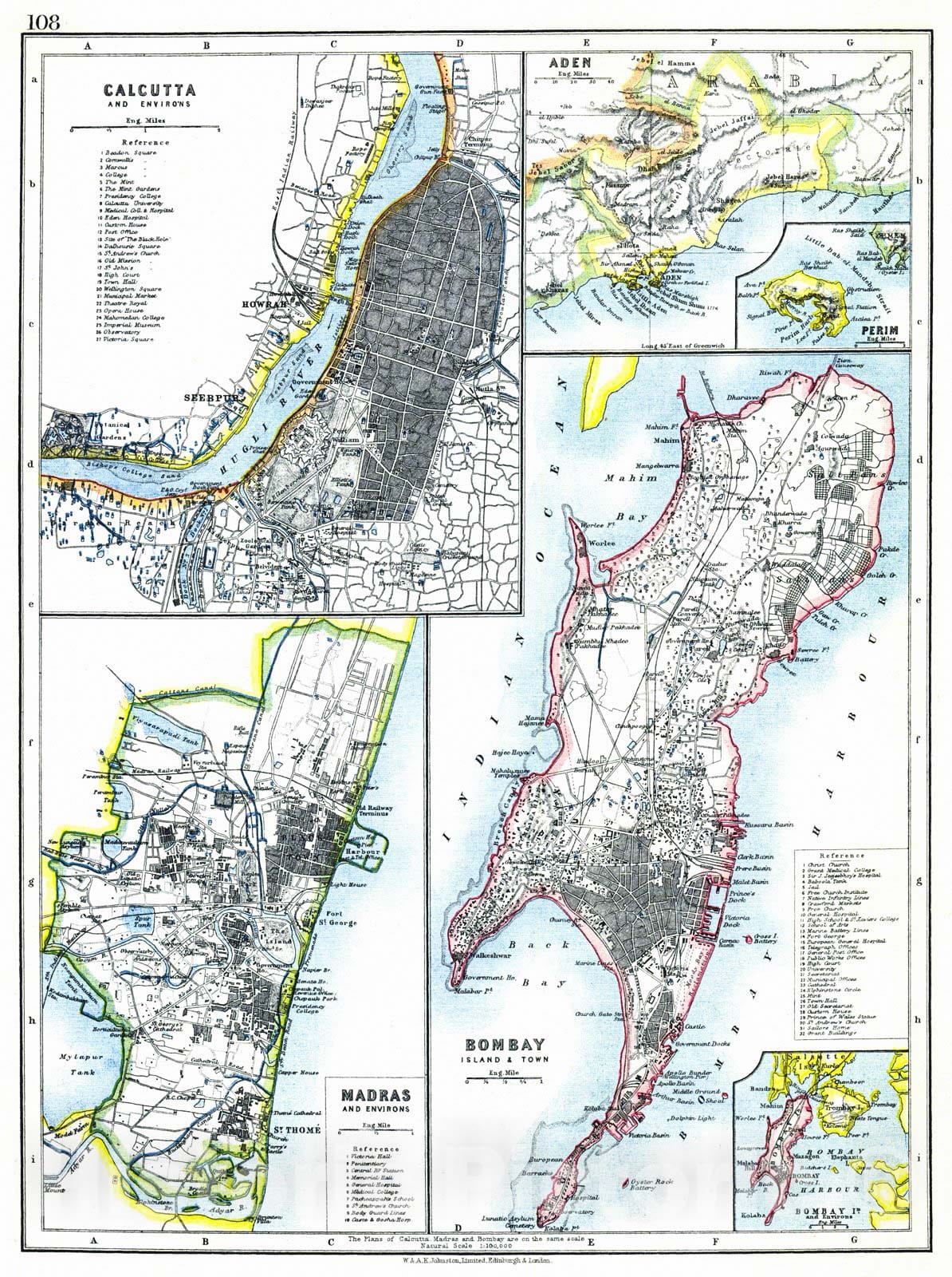 Historic Map : 1901 Calcutta and Environs; Madras and Environs; Bombay Island and Town; Aden : Vintage Wall Art