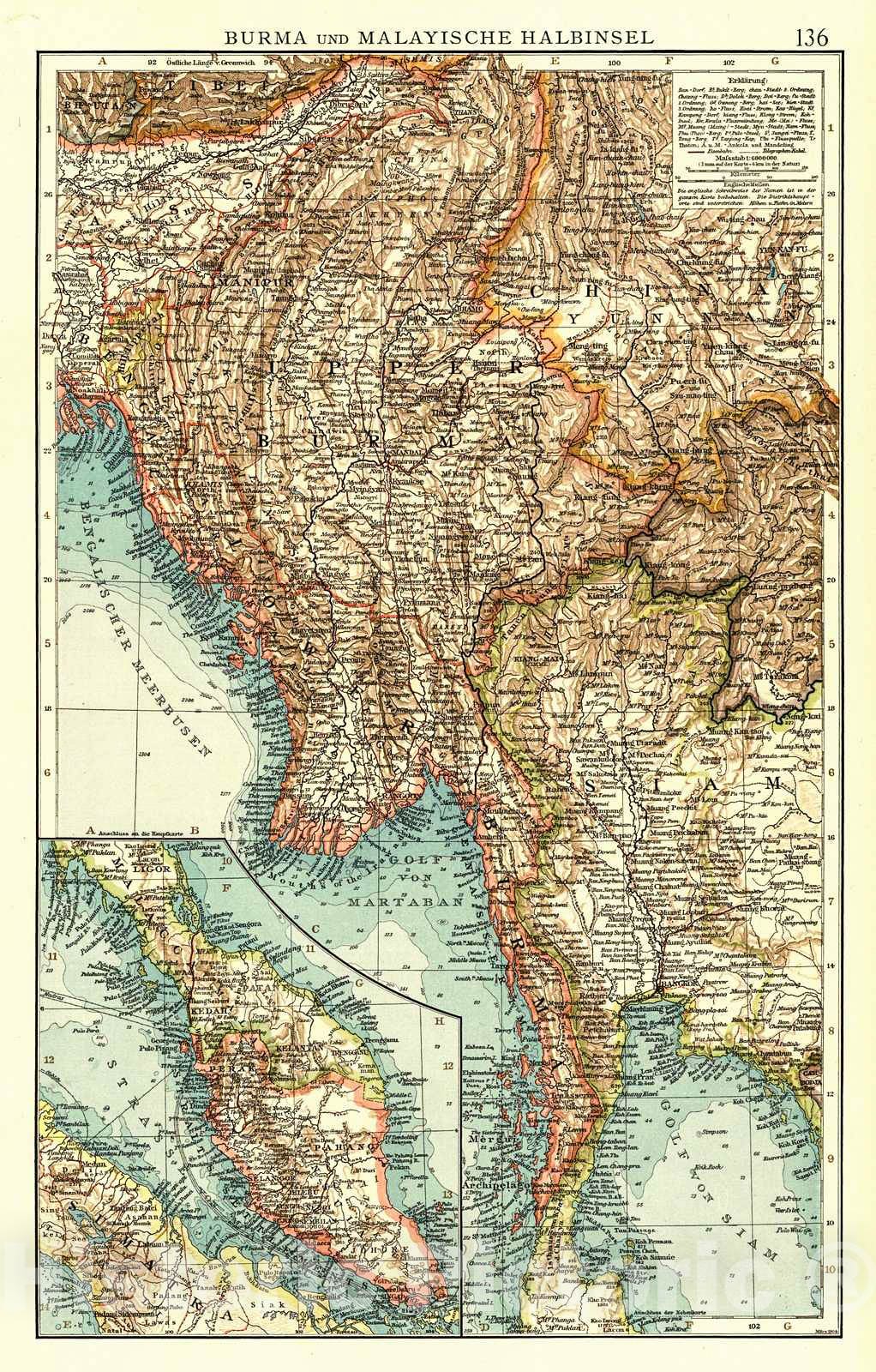 Historic Map : 1904 Burma und Malayische Halbinsel : Vintage Wall Art