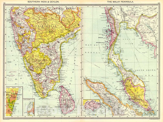 Historic Map : 1910 Southern India and Ceylon, The Malay Peninsula : Vintage Wall Art