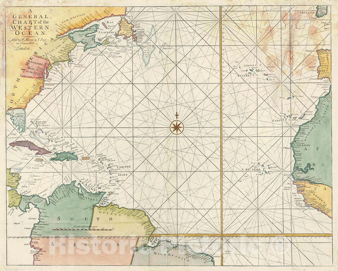 Historic Map : 1730 A General Chart of the Western Ocean : Vintage Wall Art