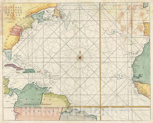 Historic Map : 1730 A General Chart of the Western Ocean : Vintage Wall Art