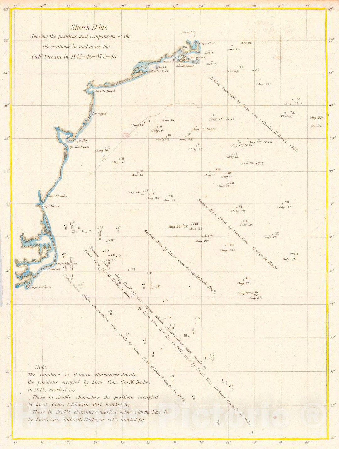Historic Map : 1848 Sketch Dibis Showing the Positions and Comparisons of the Observations in and across the Gulf Stream in 1845-46-47 & 48 : Vintage Wall Art