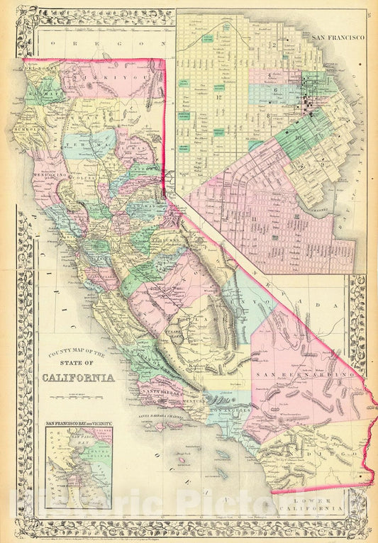 Historic Map : 1875 County Map of the State of California : Vintage Wall Art
