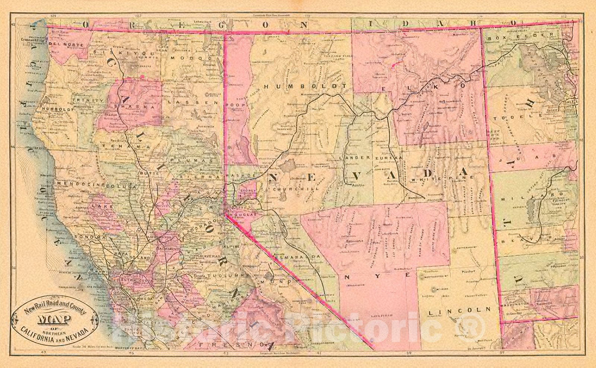 Historic Map : 1883 New Railroad and County Map of Northern California and Nevada : Vintage Wall Art