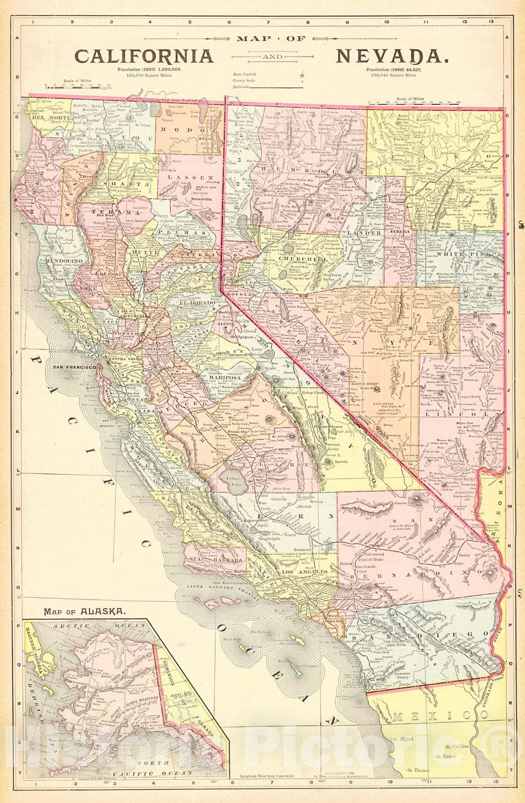 Historic Map : 1892 Map of California and Nevada : Vintage Wall Art