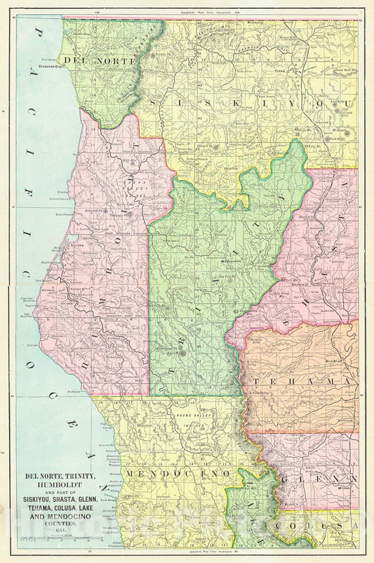 Historic Map : Del Norte, Trinity, Humboldt   and Part of Siskiyou, Shasta, Glenn, Tehama, Colusa, Lake and Mendocino   Counties. Cal. : Vintage Wall Art