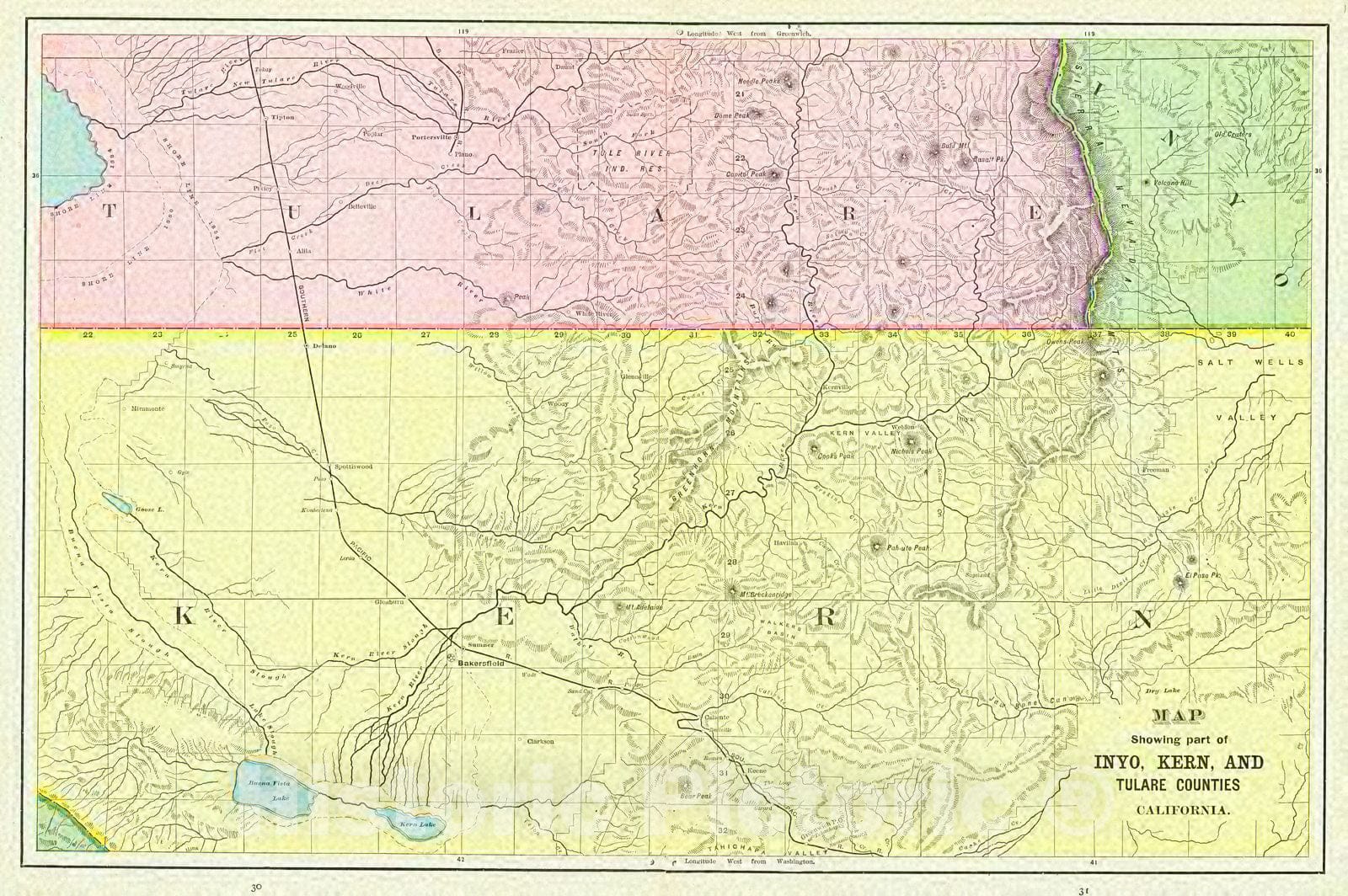 Historic Map : 1892 Map Showing Part of Inyo, Kern, and Tulare Counties California : Vintage Wall Art