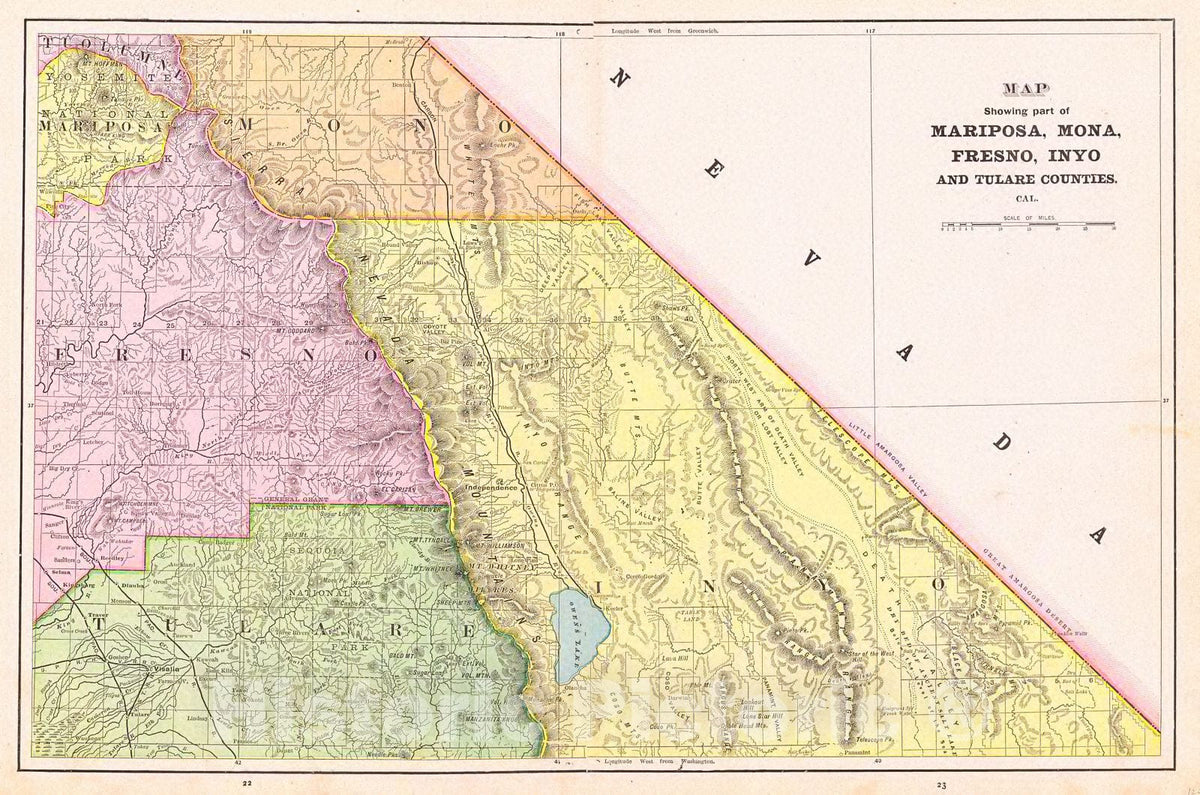 Historic Map : 1892 Map Showing Part of Mariposa, Mona, Fresno, Inyo and Tulare Counties. Cal. : Vintage Wall Art