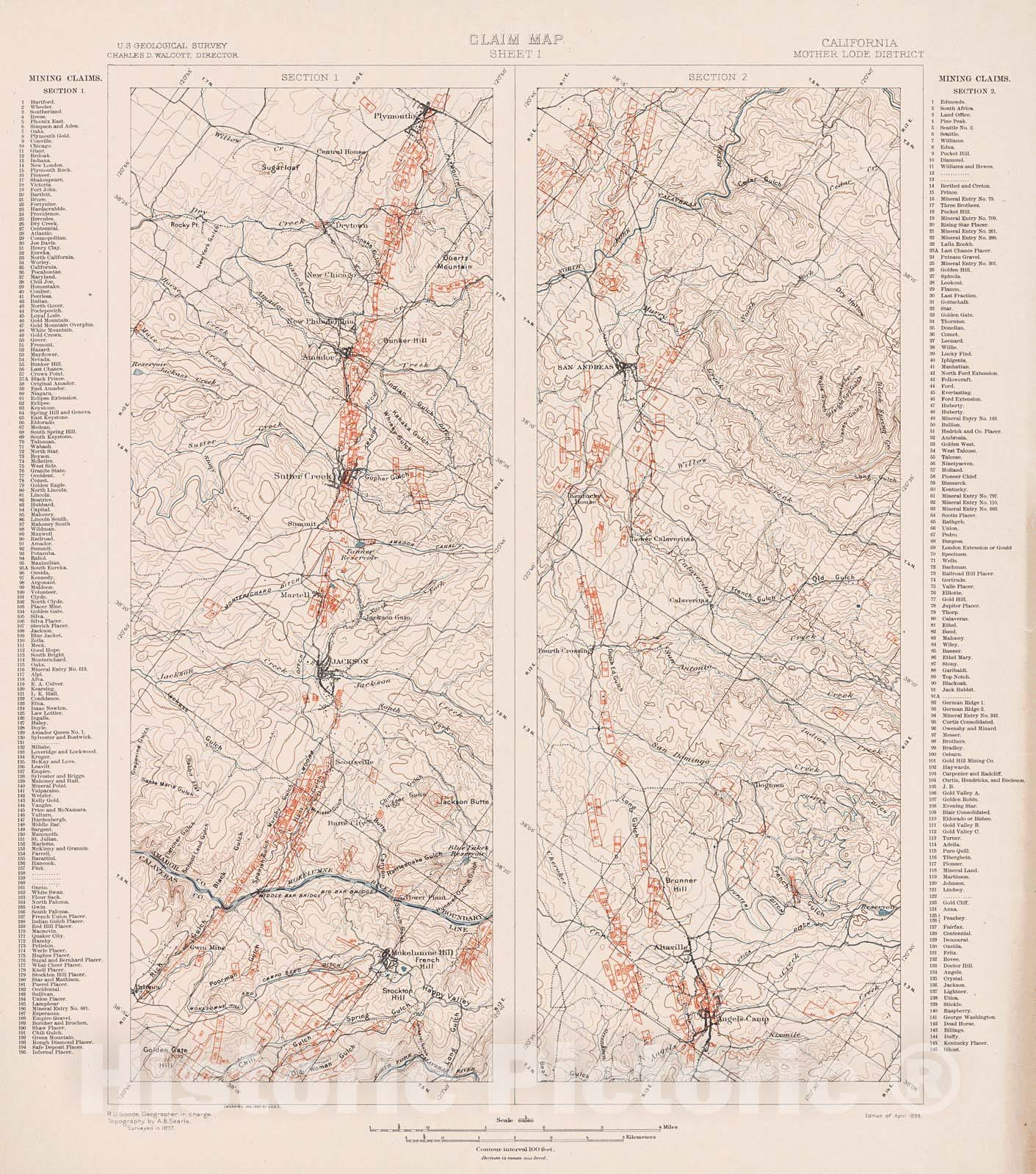 Historic Map : 1899 Claim Map, Sheet 1. Mother Lode District, California : Vintage Wall Art