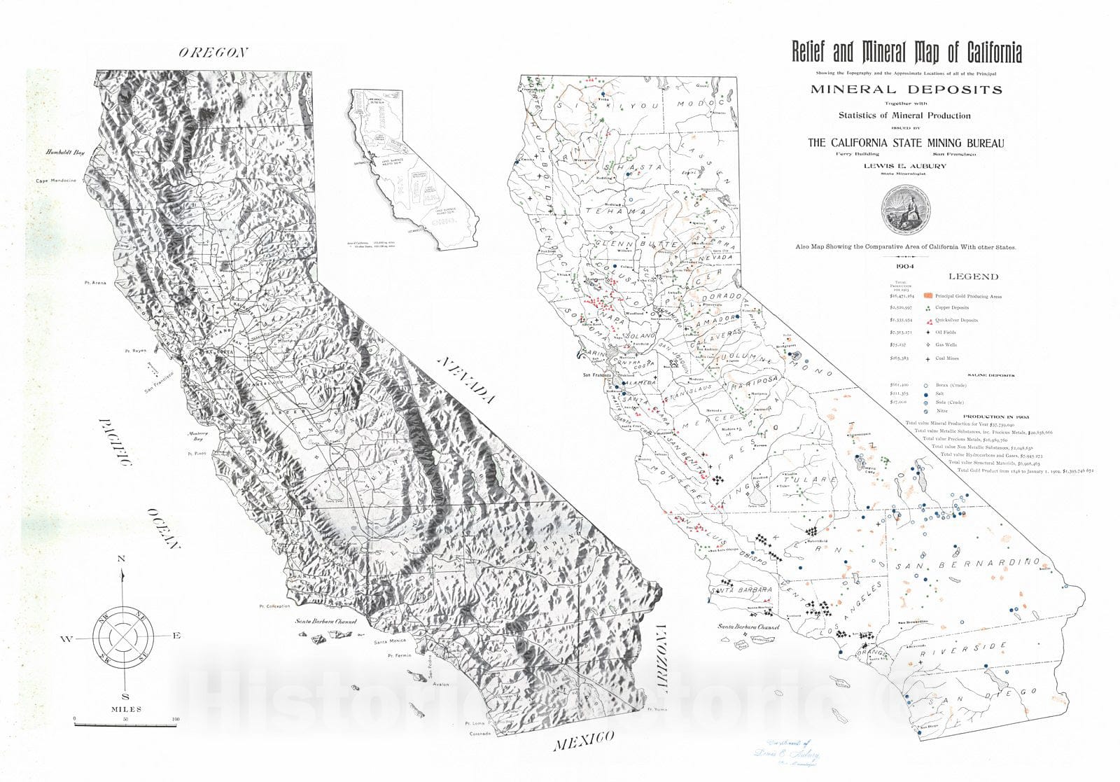 Historic Map : 1904 Relief and Mineral Map of California : Vintage Wall Art