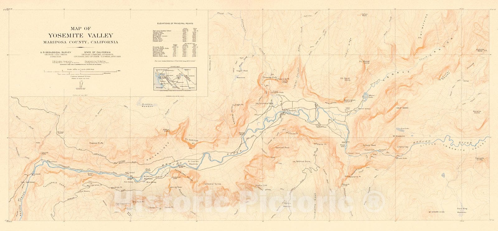 Historic Map : 1907 Map of Yosemite Valley, Mariposa County, California : Vintage Wall Art