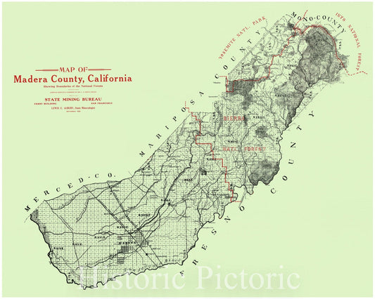 Historic Map : 1909 Map of Madera County, California Showing Boundaries of the National Forests : Vintage Wall Art