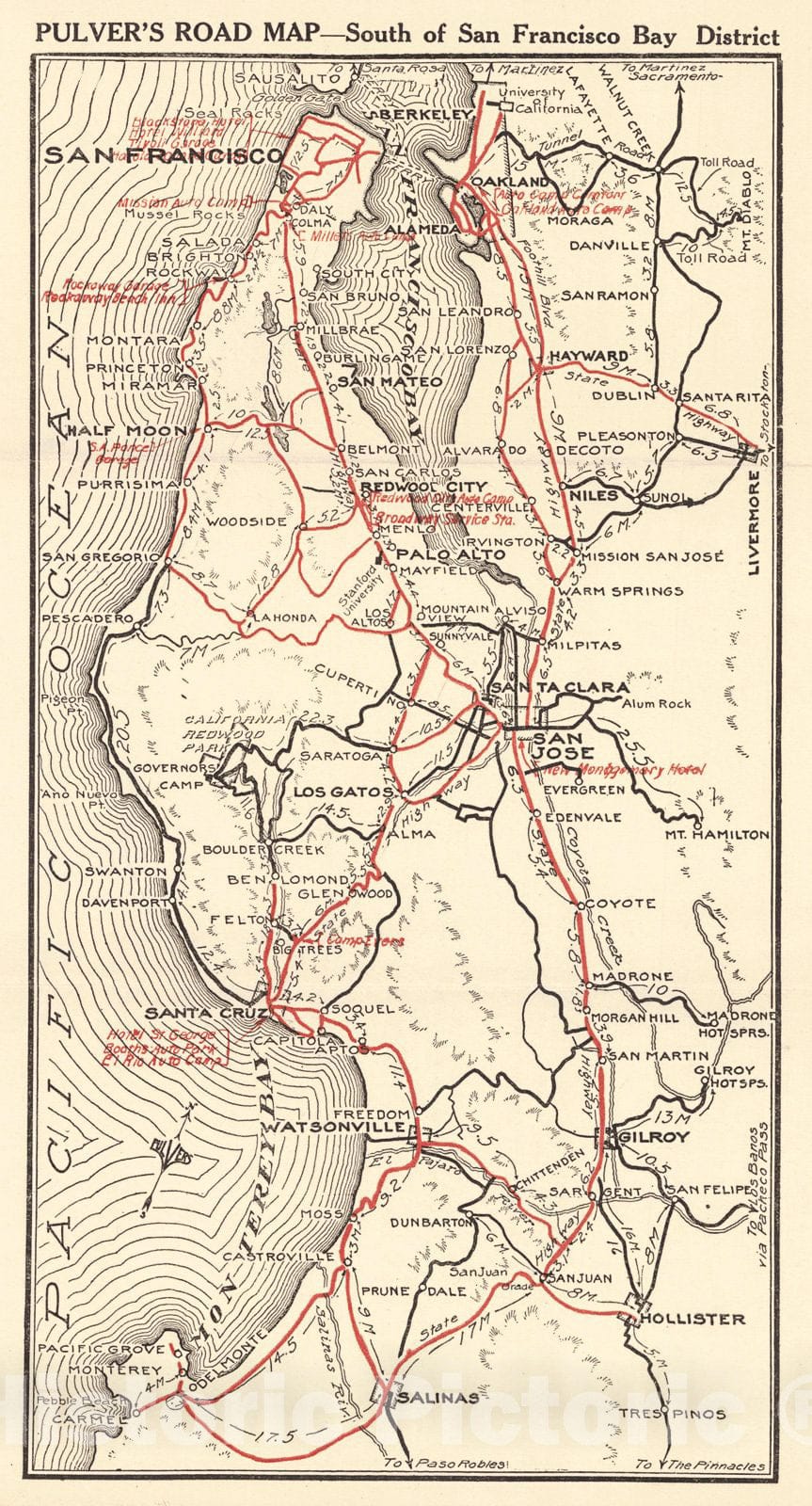 Historic Map : 1915 Pulver's Road Map - South of San Francisco Bay District : Vintage Wall Art