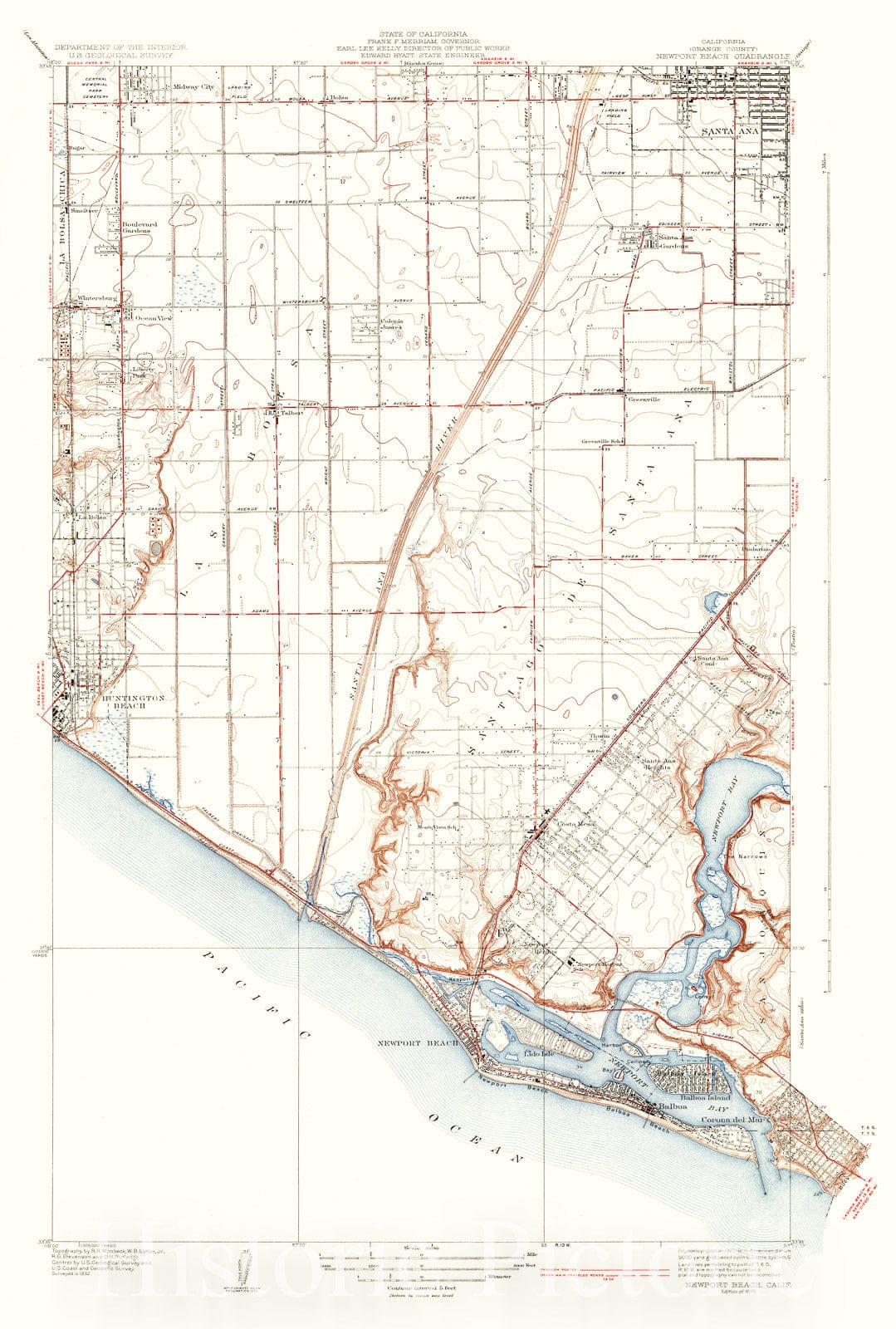 Historic Map : 1935 Newport Beach Quadrangle, Orange County, California : Vintage Wall Art