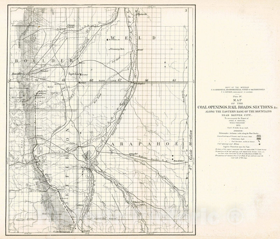 Historic Map : 1874 Map of the Coal Openings, Rail Roads, Sections, ect. Along the Eastern Base of the Mountains near Denver City : Vintage Wall Art