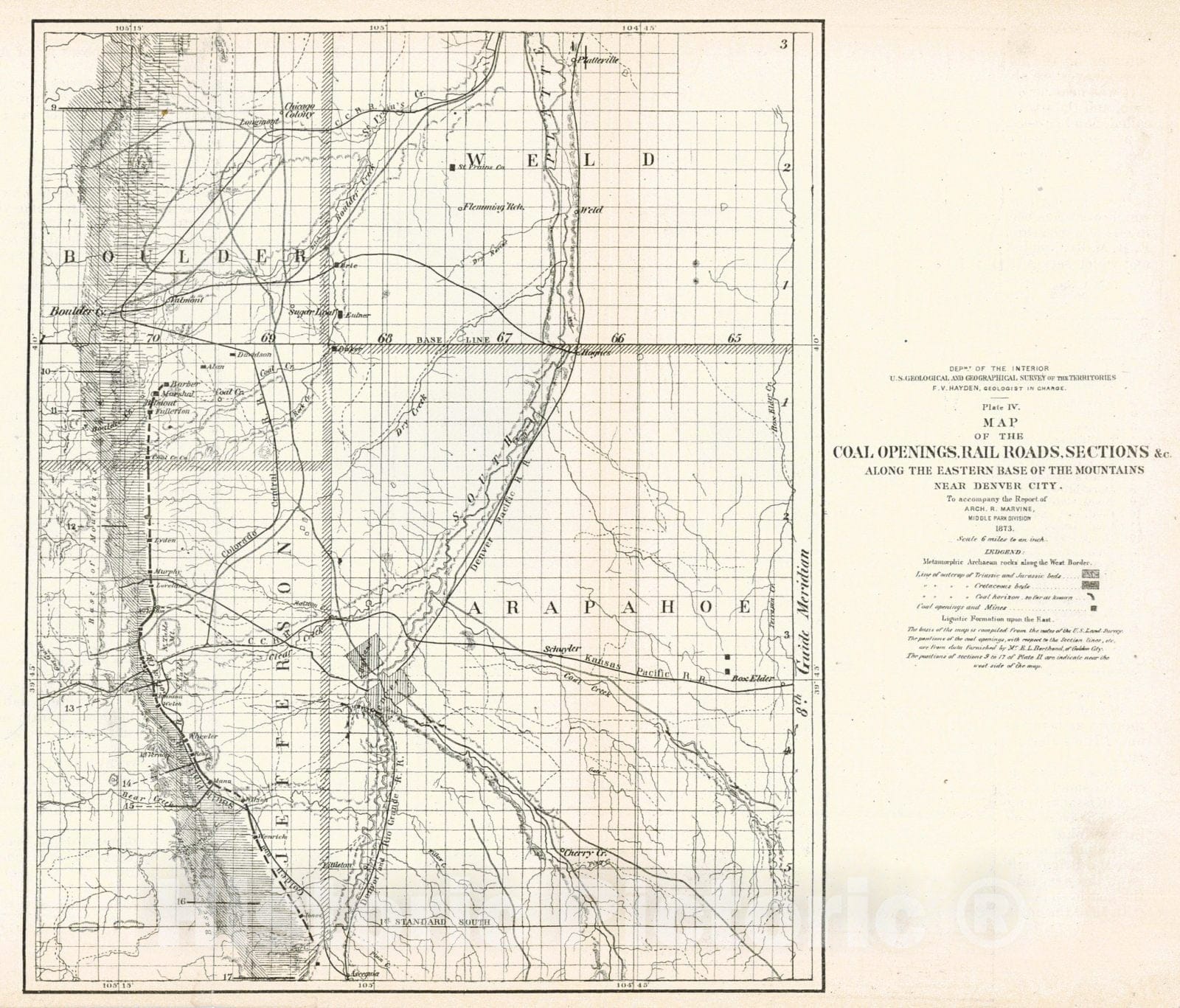 Historic Map : 1874 Map of the Coal Openings, Rail Roads, Sections, ect. Along the Eastern Base of the Mountains near Denver City : Vintage Wall Art