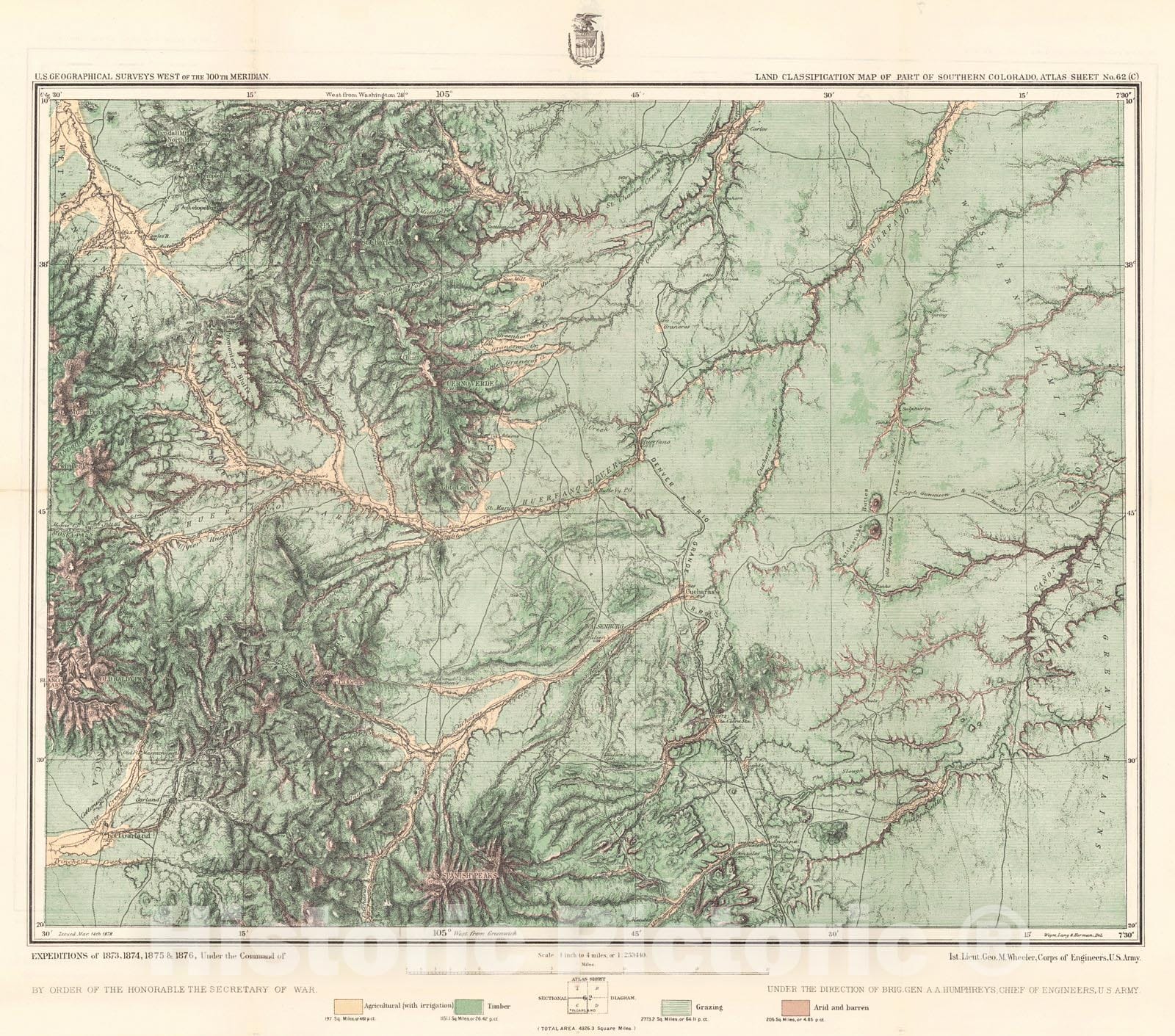 Historic Map : 1878 Land Classification Map of Part of Southern Colorado : Vintage Wall Art