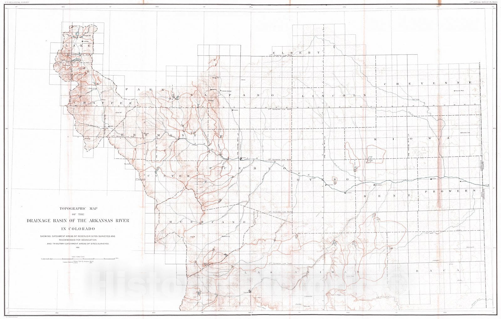 Historic Map : 1892 Topographic map of the drainage basin of the Arkansas River in Colorado : Vintage Wall Art