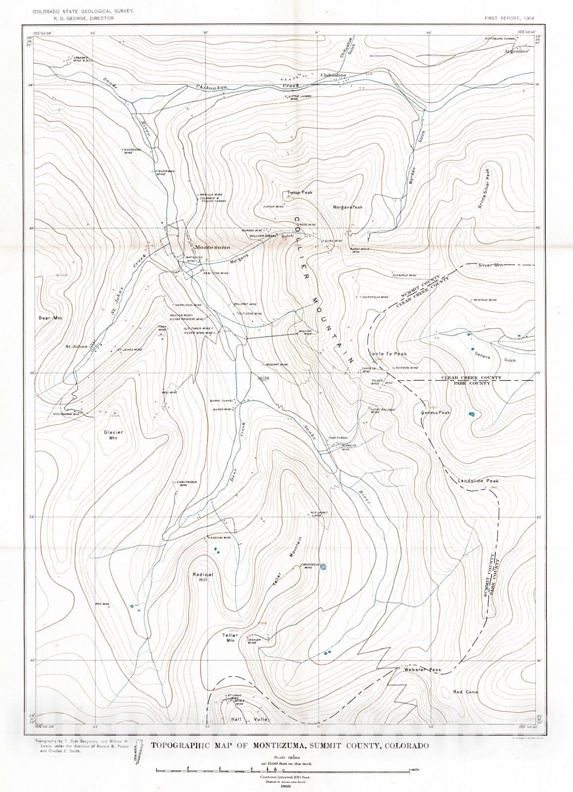 Historic Map : 1908 Topography of Montezuma, Summit County, Colorado : Vintage Wall Art