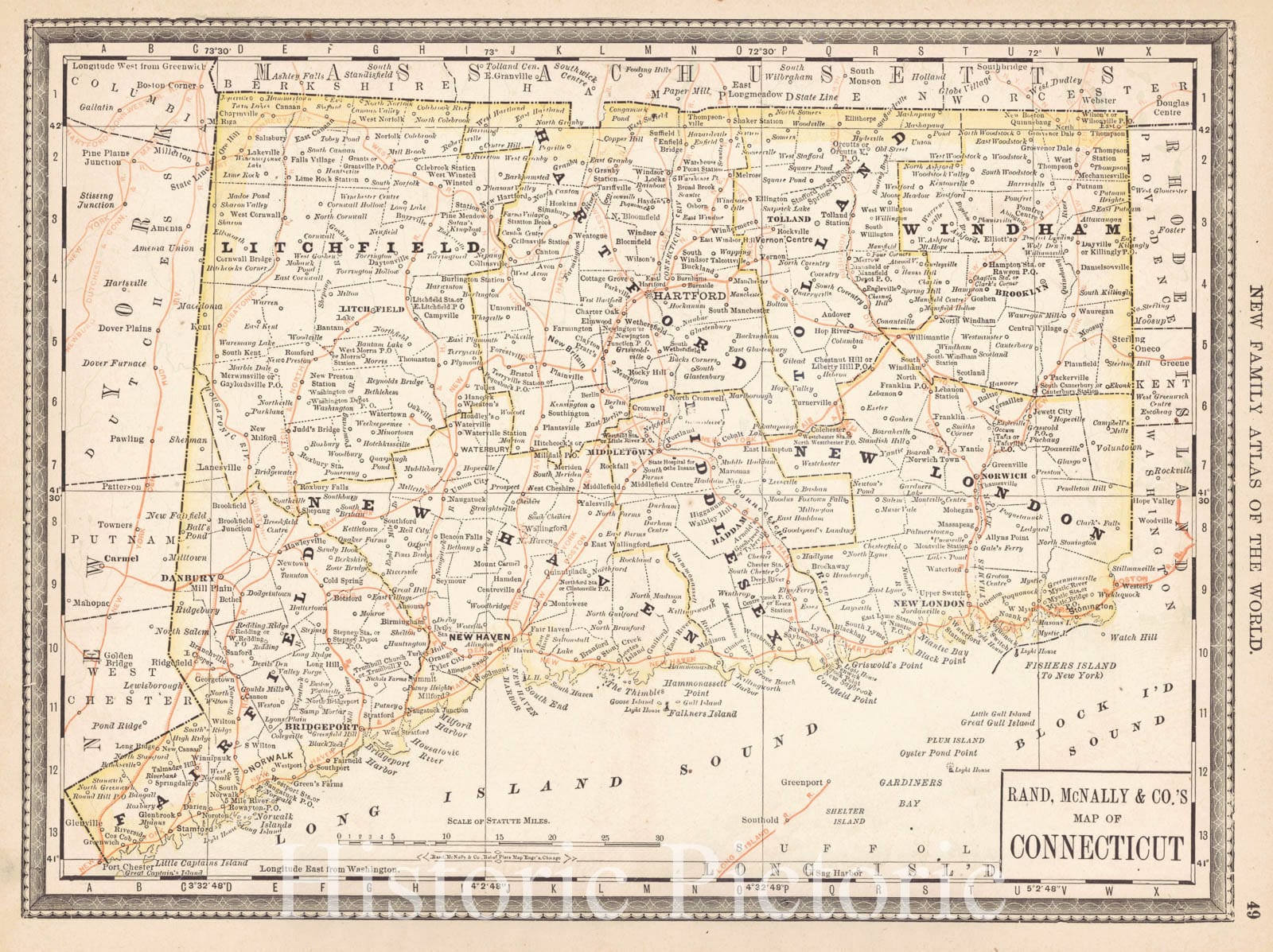 Historic Map : 1890 Map of Connecticut : Vintage Wall Art