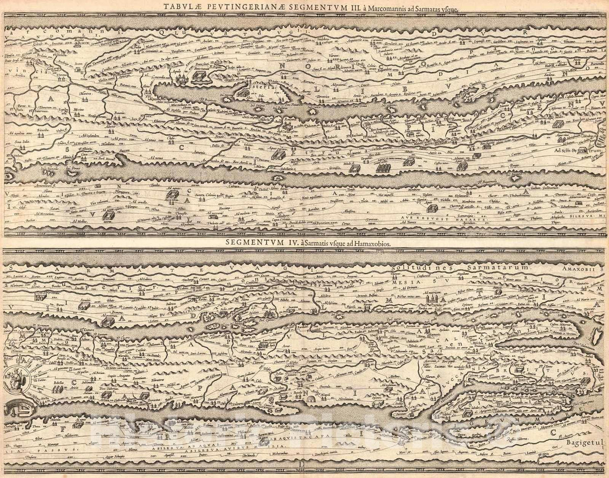 Historic Map : 1624 Ortelius Map - Tabula Itineraria Ex Illustri Peutingerorum Bibliotheca Quae Augustae Vindelicorum - The Peutinger Table - Plate 2 : Vintage Wall Art