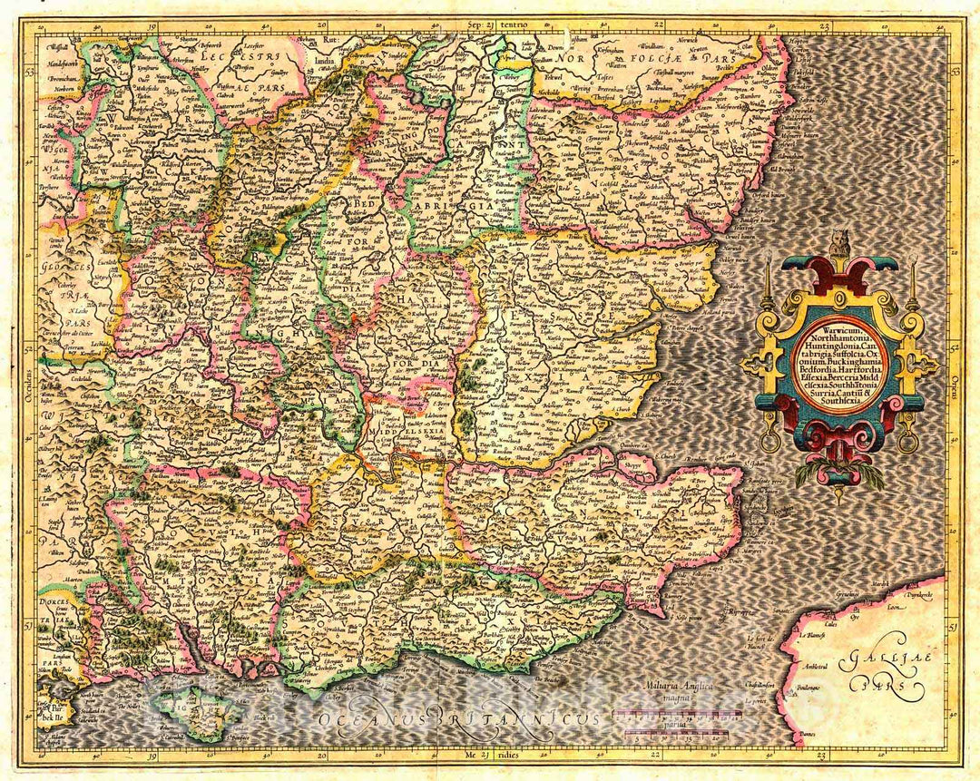 Historic Map : 1633 Mercator Map - Warwick, Northampton, Cambridge, Suffolk, Oxford, Buckingham, Bedford, Hartford, Essex, Berceria, Middlesex, Surrey, Sussex : Vintage Wall Art