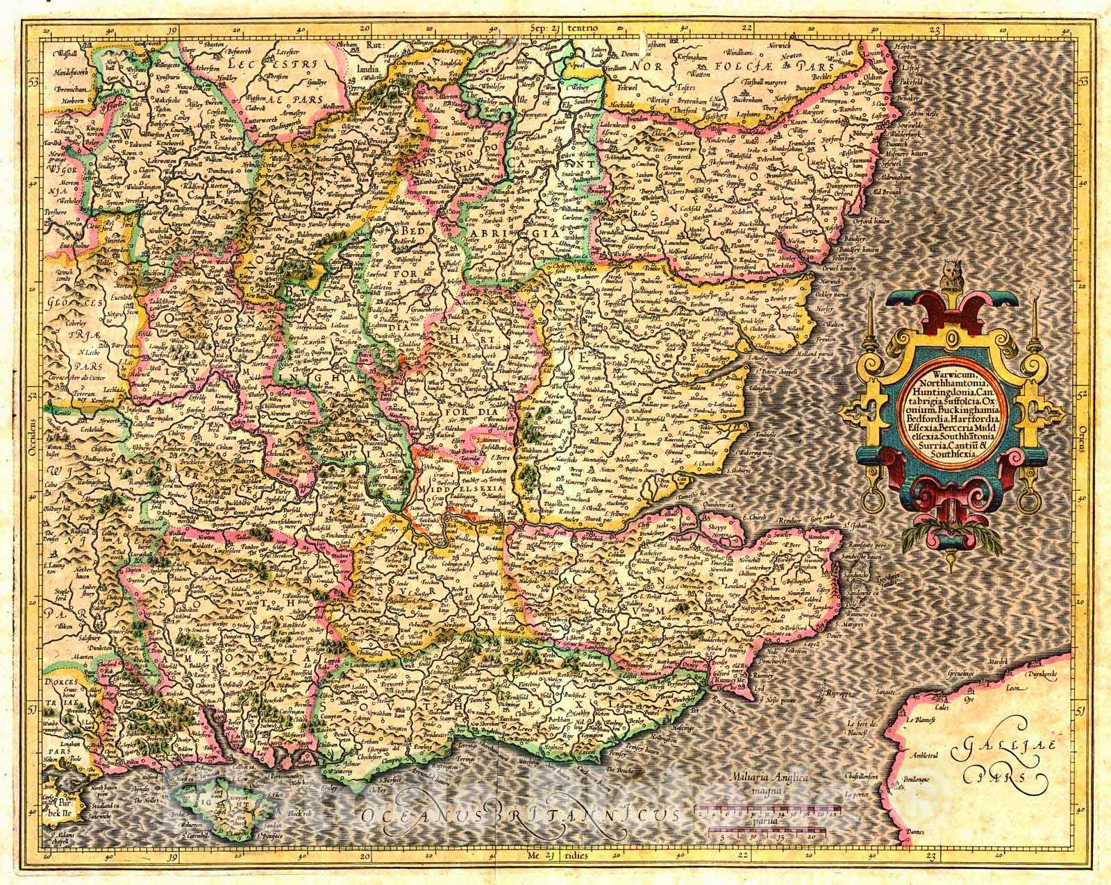 Historic Map : 1633 Mercator Map - Warwick, Northampton, Cambridge, Suffolk, Oxford, Buckingham, Bedford, Hartford, Essex, Berceria, Middlesex, Surrey, Sussex : Vintage Wall Art