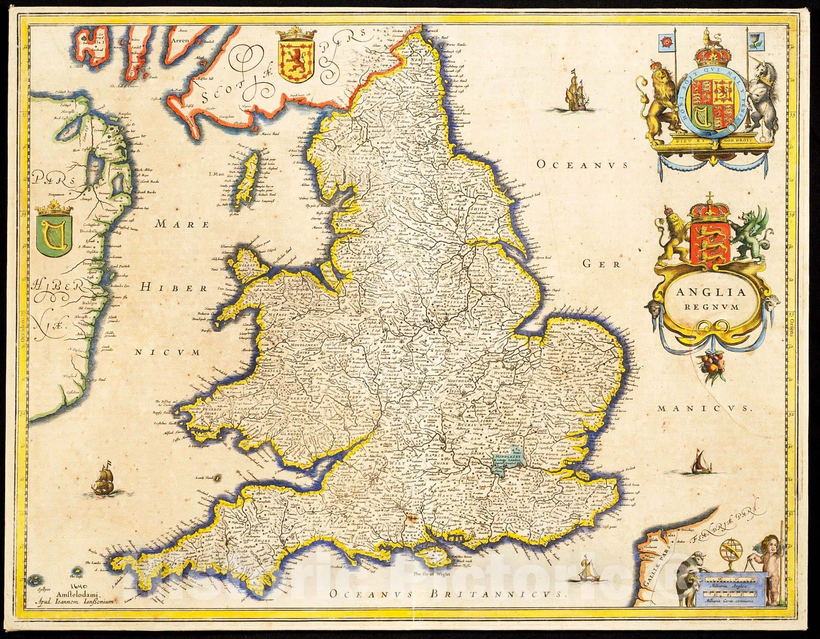Historic Map : 1640 Anglia regnvm / Apud Ioannem Ianssonium : Vintage Wall Art