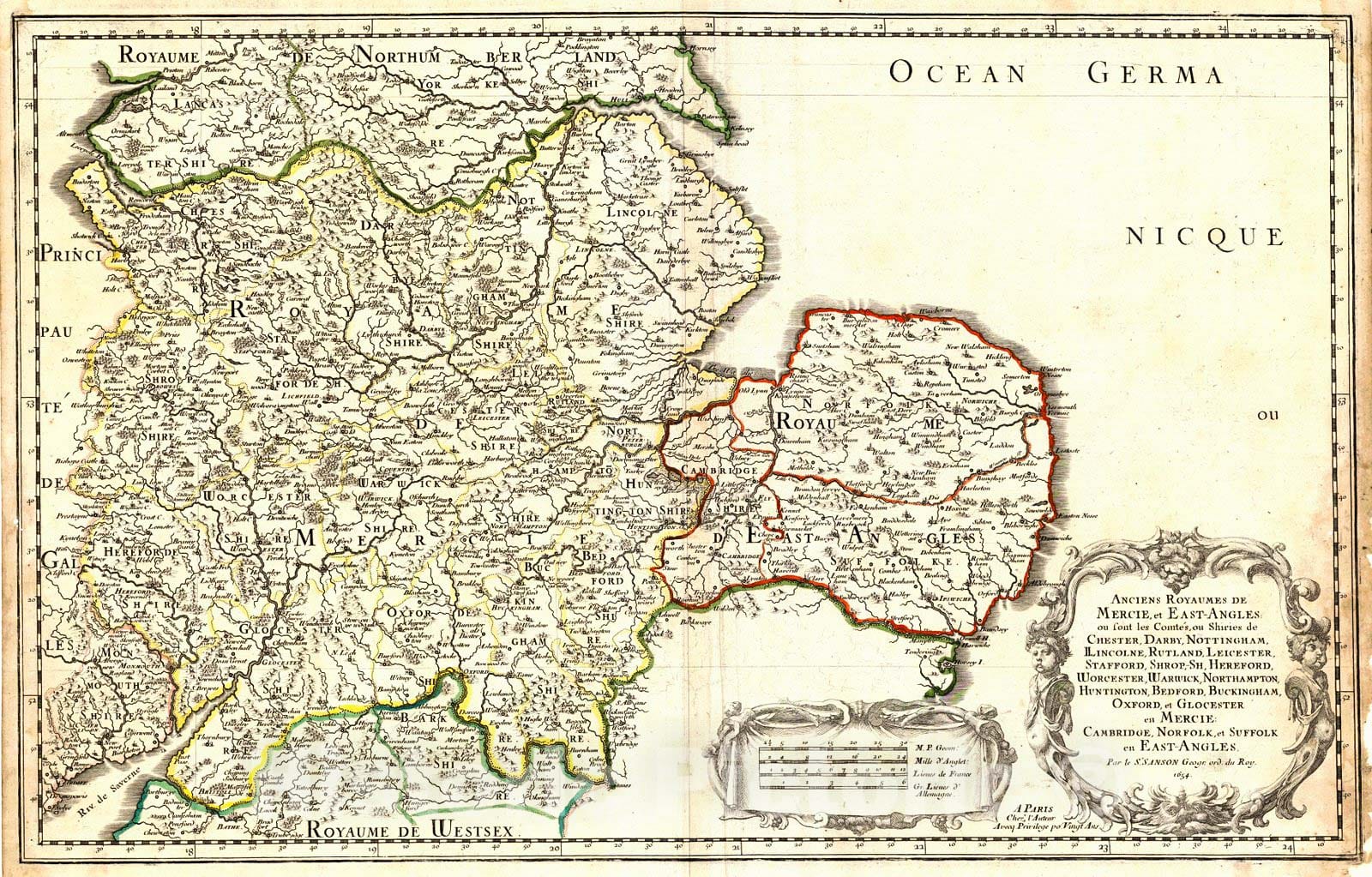 Historic Map : 1654 Anciens Royaumes de Merccie, et Etat-Angles...Chester, Darby, Nottingham...Buckingham, Oxford et Glocester...East Anglia : Vintage Wall Art