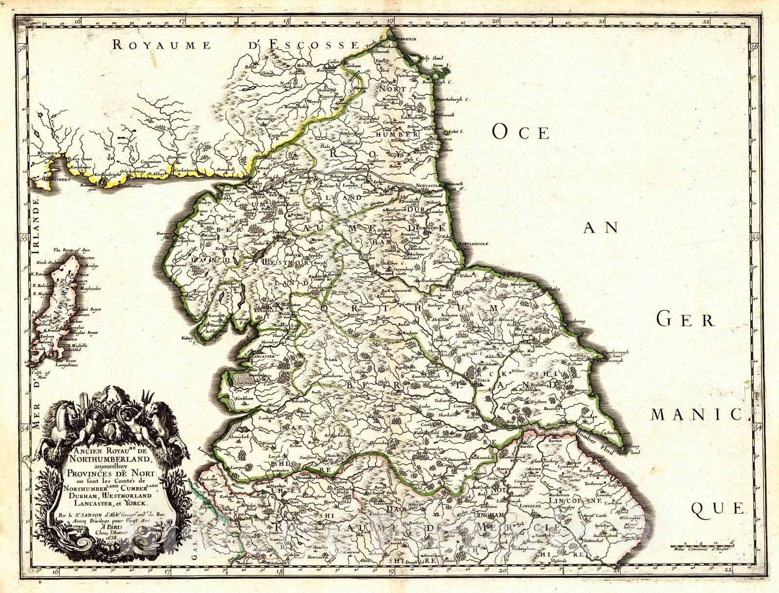 Historic Map : 1658 Ancien Royame de Northumberland...Cumberland, Durham, Westmorland, Lancaster, et Yorck : Vintage Wall Art