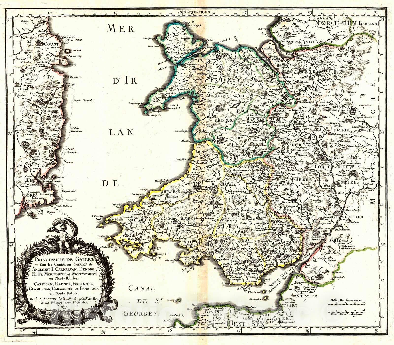 Historic Map : 1658 Principaute de Galles : Vintage Wall Art
