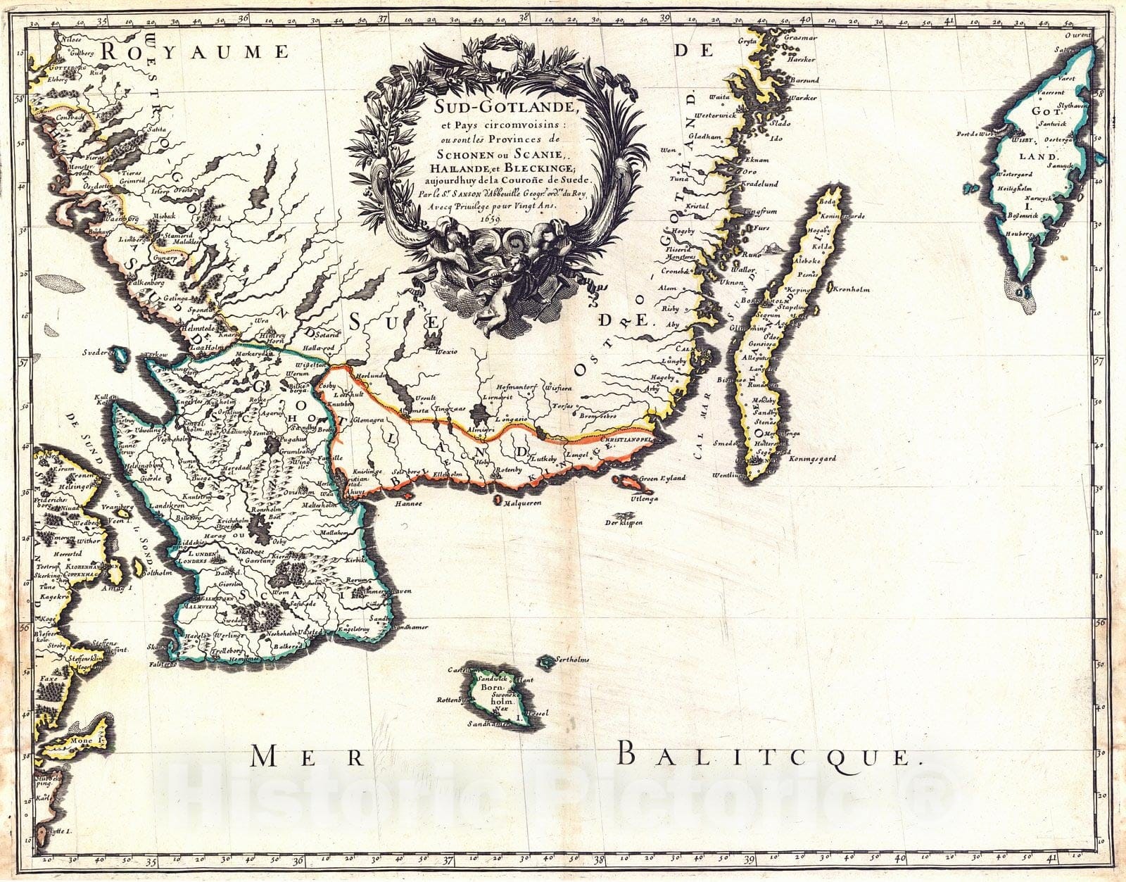 Historic Map : 1659 Sud-Gotland...Schonen our Scanie, Hailande, et Bleckinge : Vintage Wall Art